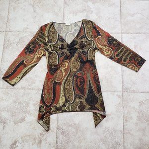 Brown Cato Chiffon Crepe Paisley Sheer Shirred Bust Tie Back Tunic Top Size M
